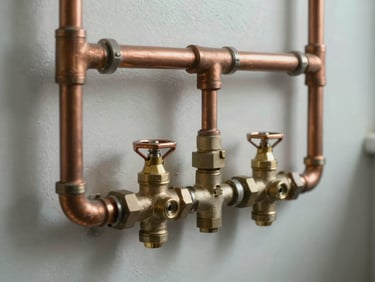 Medium shot of clean copper piping and brass valves recently installed on a basement wall, soft overcast natural light.