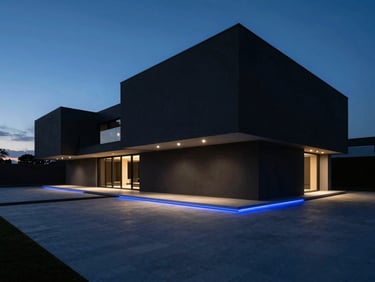 Wide architectural shot of a minimalist luxury villa at twilight, clean lines, sharp shadows, subtle electric blue lighting accents along the pathway, 35mm