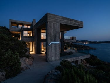 Wide architectural twilight photo of a brutalist concrete villa in Costa Smeralda, minimal lines, subtle electric blue status light integrated into a concrete pillar, high contrast, 35mm