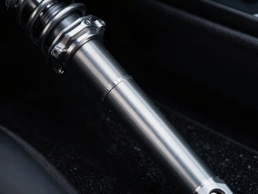 macro shot of a clean metallic air suspension strut of a luxury SUV, low-key dramatic lighting, dark background