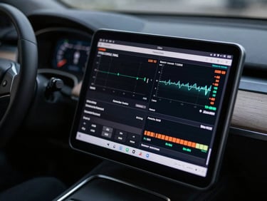 over the shoulder shot of a diagnostic tablet screen displaying complex telemetry and warning codes, blurred luxury car interior background