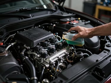 mechanic hand checking clean fluid levels in a high-end sports car engine bay, dramatic highlights, dark workshop