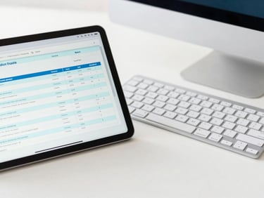 Close-up of a modern digital workspace with a tablet displaying tax forms next to a clean keyboard, bright professional photography, natural daylight, crisp details, 35mm