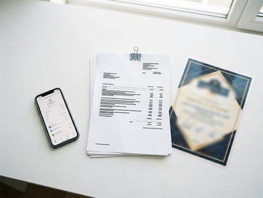 Overhead flat lay of crisp printed documents, a laminated certificate, and a modern smartphone showing a digital receipt on a clean white desk, bright natural daylight, 35mm