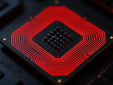 Close-up macro shot of a modern CPU socket with glowing red trace lines, high-contrast low-key lighting, 35mm lens