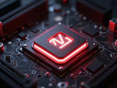 Close-up of a motherboard chipset with a stylized glowing NPU core, red and white light accents, high-tech aesthetic