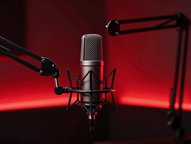Professional studio microphone on a boom arm in a dark podcast room with soft red ambient backlight