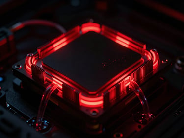 Macro shot of a glowing liquid-cooled CPU block with red LED lighting, coolant flowing, dark background