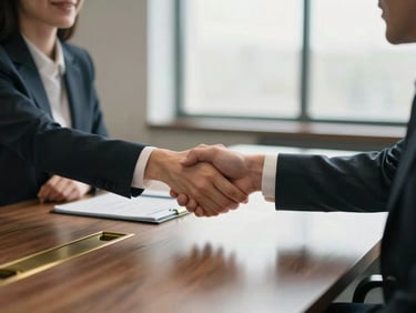 Two professionals shaking hands across a polished conference table, focus on hands and subtle expressions, structured corporate environment, soft natural window light, muted corporate tones with brass accents, shallow depth of field, 35mm