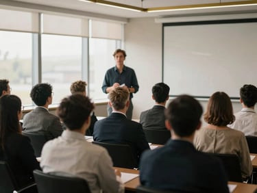 Professional giving a presentation in a modern conference room, focused audience, soft natural window light, muted corporate tones with brass accents, shallow depth of field, 35mm