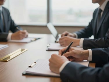 Close-up of a professional's hands taking notes during a corporate meeting, structured boardroom table, soft natural window light, muted corporate tones with brass accents, shallow depth of field, 35mm