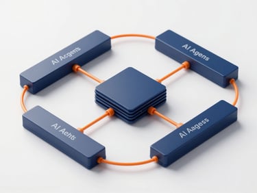 A clean technical schematic diagram showing data flows between AI agents, central database nodes, and external communication channels, rendered in sharp navy blue and safety orange lines on a platinum white background, macro studio lighting.