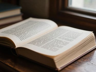 Close-up of ancient theological texts stacked in a quiet study room, soft natural light, shallow depth of field, 35mm