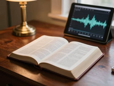 A warm mahogany desk with an open leather-bound Bible, a soft brass lamp casting light on the pages, and a tablet displaying a video lecture waveform, shallow depth of field, 35mm.