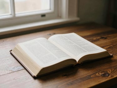 An open leather-bound Bible on a dark wooden desk, illuminated by soft window light, warm tones, 35mm