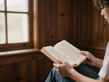 A person in quiet contemplation reading a book in a warm wood-paneled study, soft window light, 35mm