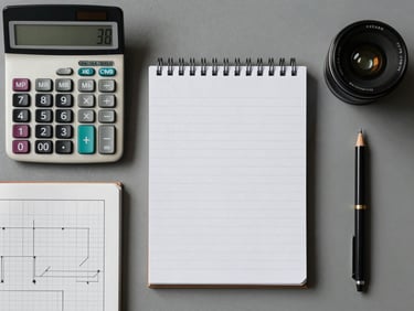 Top-down flat-lay of an organized technical workspace, a vintage Braun calculator, a clean notepad with architectural grid lines, sharp shadows, cool gray tones.
