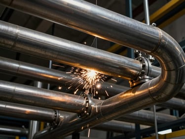 Geometric runs of clean stainless steel piping in a modern Finnish industrial facility, dramatic shadows, golden accents