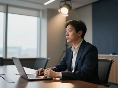 A professional in a modern well-lit conference room, natural window light, focused posture, professional editorial photography