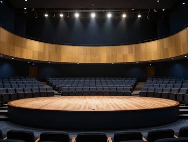 Wide shot of an empty modern lecture hall with dramatic spotlighting on the stage, clean architectural lines