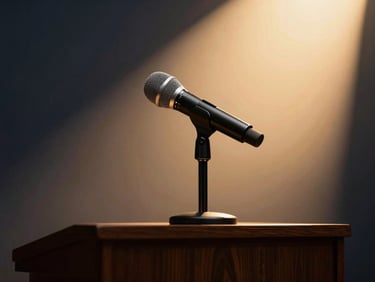Minimalist detail of a professional microphone on a dark wooden podium, soft gold ambient light, sharp focus