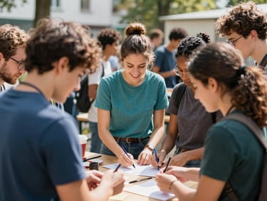 A bright, warm environmental shot of diverse young people collaborating on a community project in Germany, natural light, 35mm