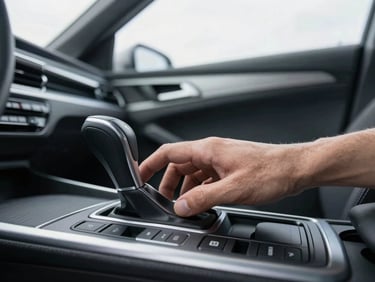 Close-up of a modern automatic gear selector, hand confidently resting on it, bright overcast daylight