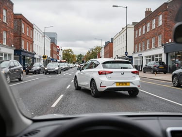 Modern automatic hatchback driving through a busy King's Heath junction in Birmingham, UK, bright overcast daylight, first-person driver's perspective.