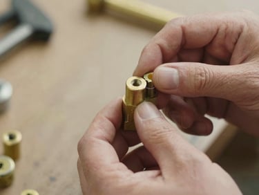 Close-up of locksmith hands precisely adjusting a brass lock cylinder with professional tools, warm natural daylight, shallow depth of field