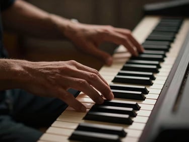 Close-up of hands with correct posture on piano keys, dramatic side-lighting, shallow depth of field
