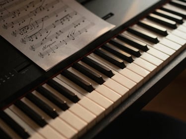 Overhead shot of a digital keyboard with sheet music displaying handwritten annotations, soft golden-hour light