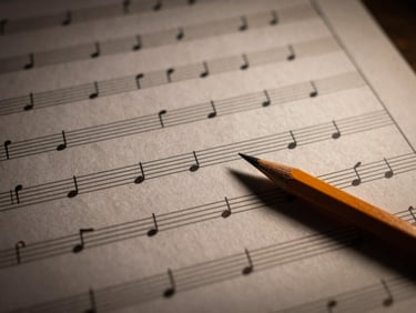 Close-up of sheet music with complex harmonic progressions, a pencil with eraser marks, low-key lighting