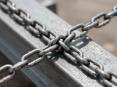Macro close-up of heavy-duty steel tie-down chains and industrial rigging tensioned over a massive steel beam, harsh midday sun
