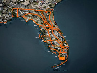 High-contrast technical map schematic of the Southeast US, highlighting Florida, Georgia, Alabama, and Oklahoma with high-visibility orange corridor lines
