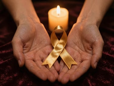 Extreme close-up of two hands gently holding a golden ribbon over a dark velvet cloth, warm flickering candlelight, amber tones, 35mm