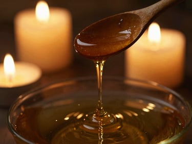 Extreme close-up of honey dripping slowly from a wooden spoon into fresh river water, warm flickering candlelight, golden tones, shallow depth of field, 35mm