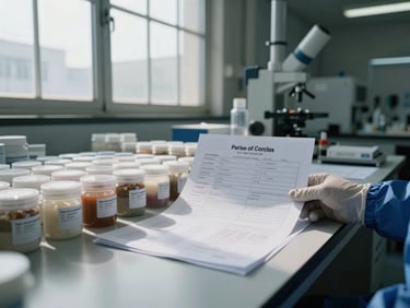 Wide environmental shot of a quality-control bench, a gloved hand holding a printed batch certificate of analysis over rows of sealed compound containers, north-facing daylight through a high industrial window casting clean directional light across the documentation, no people's faces, operational lab setting