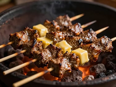 Close-up of skewered seekh kebabs glistening with butter, fresh from a glowing clay tandoor, warm side light, shallow depth of field