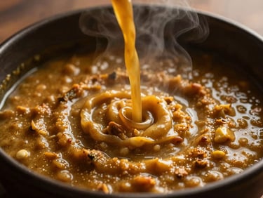 Close-up of rich, creamy dal makhani being slow-poured into a dark ceramic bowl, steam rising, warm golden lighting