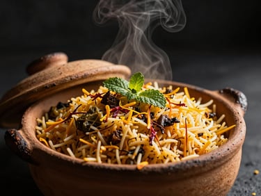 Steam rising from a freshly opened clay pot of vegetable biryani, saffron strands and fresh mint visible on top, dark background
