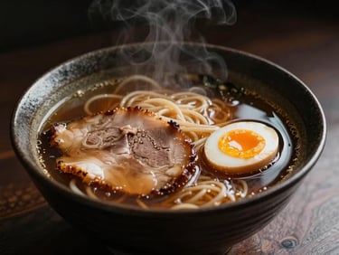 A steaming bowl of authentic ramen with slow-simmered rich broth, tender chashu pork, and a soft-boiled egg, moody lighting.