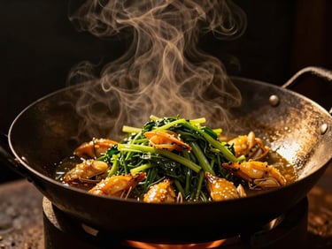 Steam rising from a hot wok-fired dish with fresh greens and seafood, glistening sauce, dark background, dramatic golden glow.