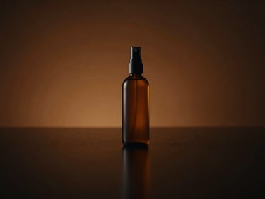 Cinematic wide shot of a modern product bottle on a dark reflective surface, dramatic key lighting, rich amber tones.