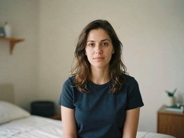 Portrait of a professional female therapist in a serene treatment room, soft indirect light, warm editorial photography, 35mm film