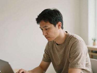Portrait of a focused male therapist in a clean minimalist studio, soft diffused natural light, muted warm sand tones, shallow depth of field, 35mm film