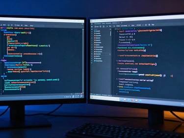 Close-up of clean code on dual monitors in a dark room, moody blue neon ambient lighting, sleek dark-mode technology photography, 35mm lens