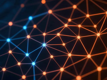 Abstract glowing network nodes and data streams on a dark background, orange and blue neon accents, sleek dark-mode technology photography, 35mm lens