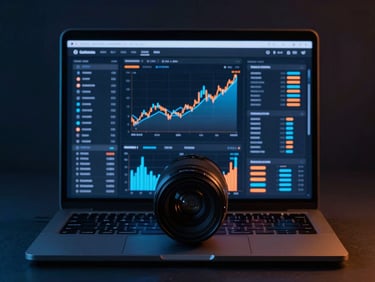 Sleek dark-mode technology photography, financial analytics dashboard on a laptop, sharp glowing charts, neon blue and orange lighting, 35mm lens