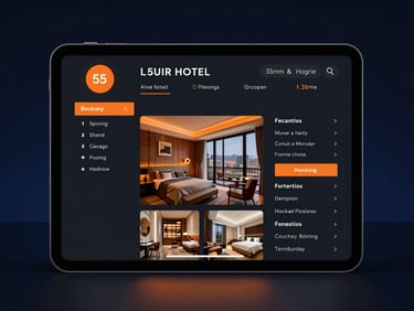 Sleek dark-mode technology photography, luxury hotel booking interface on a tablet, dark elegant layout, warm orange accent glow, 35mm lens