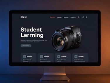Sleek dark-mode technology photography, student learning portal on a desktop monitor, clean typography, soft blue neon rim light, 35mm lens